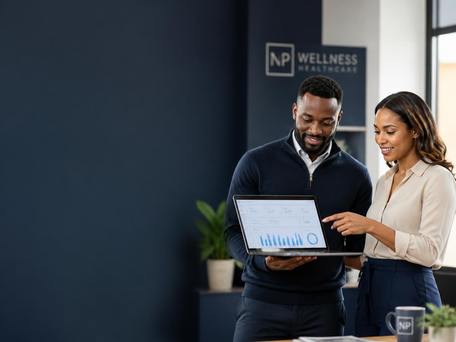 A nurse practitioner practice owner and a revenue specialist reviewing a practice revenue dashboard together.